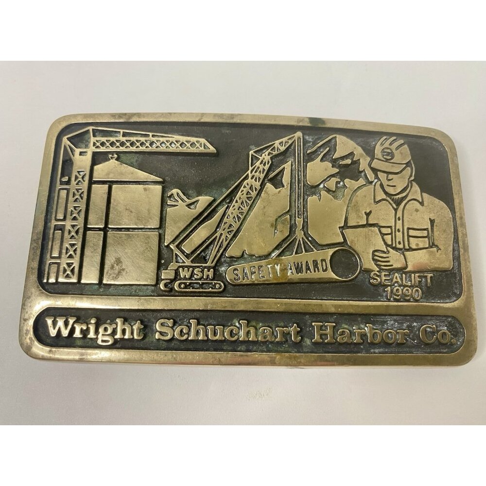 Brass Belt Buckle‎ Wright Schuchart Harbor Co. 1990 Safety Award Vintage